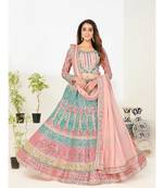 Pink & Turquoise Blue Embellished Semi-Stitched Lehenga & Unstitched Blouse with Dupatta