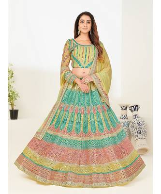 Yellow & Turquoise Blue Embellished Semi-Stitched Lehenga & Unstitched Blouse with Dupatta 1