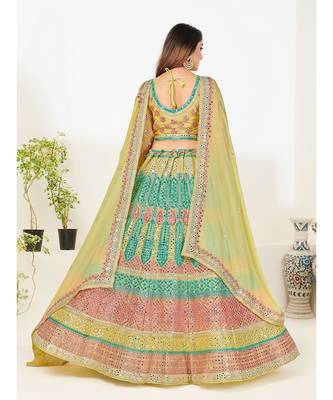 Yellow & Turquoise Blue Embellished Semi-Stitched Lehenga & Unstitched Blouse with Dupatta 2