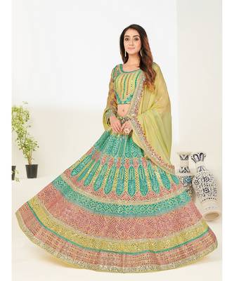 Yellow & Turquoise Blue Embellished Semi-Stitched Lehenga & Unstitched Blouse with Dupatta 3