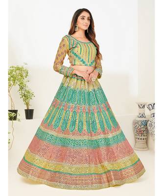 Yellow & Turquoise Blue Embellished Semi-Stitched Lehenga & Unstitched Blouse with Dupatta 4