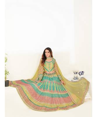 Yellow & Turquoise Blue Embellished Semi-Stitched Lehenga & Unstitched Blouse with Dupatta 5
