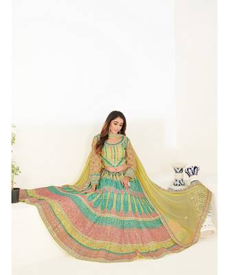 Yellow & Turquoise Blue Embellished Semi-Stitched Lehenga & Unstitched Blouse with Dupatta 6