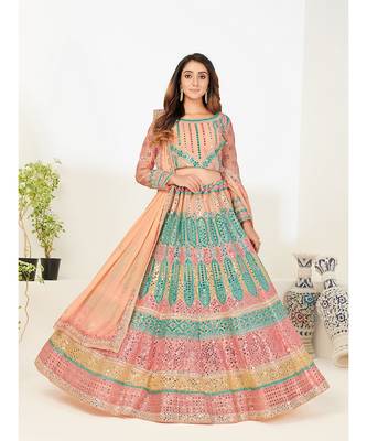 Peach & Turquoise Blue Embellished Semi-Stitched Lehenga & Unstitched Blouse with Dupatta 1