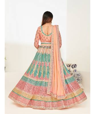 Peach & Turquoise Blue Embellished Semi-Stitched Lehenga & Unstitched Blouse with Dupatta 2