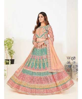 Peach & Turquoise Blue Embellished Semi-Stitched Lehenga & Unstitched Blouse with Dupatta 3