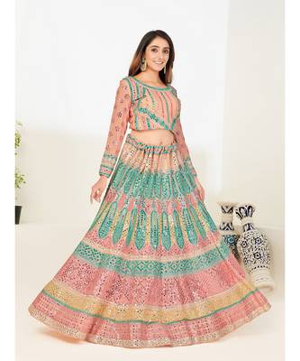 Peach & Turquoise Blue Embellished Semi-Stitched Lehenga & Unstitched Blouse with Dupatta 4