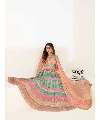 Peach & Turquoise Blue Embellished Semi-Stitched Lehenga & Unstitched Blouse with Dupatta 5