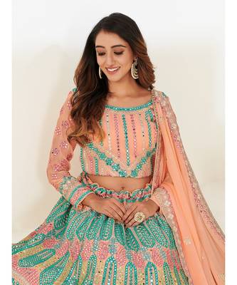 Peach & Turquoise Blue Embellished Semi-Stitched Lehenga & Unstitched Blouse with Dupatta 6