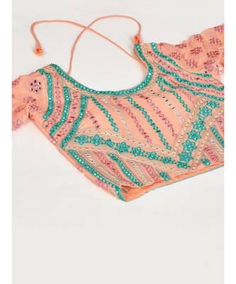 Peach & Turquoise Blue Embellished Semi-Stitched Lehenga & Unstitched Blouse with Dupatta 8