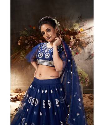 Blue & Silver Embellished Semi-Stitched Lehenga & Unstitched Blouse with Dupatta 4