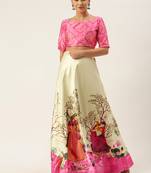 Pink floral print silk semi stitched lehenga