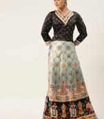 Grey floral print silk semi stitched lehenga