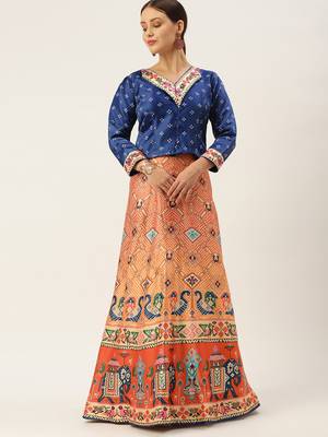 Orange floral print silk semi stitched lehenga 1