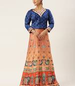 Orange floral print silk semi stitched lehenga