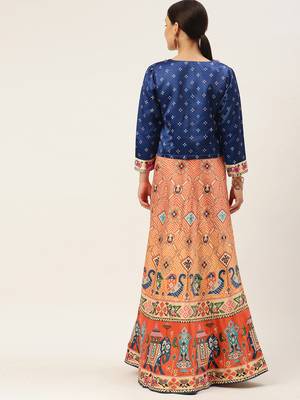 Orange floral print silk semi stitched lehenga 2