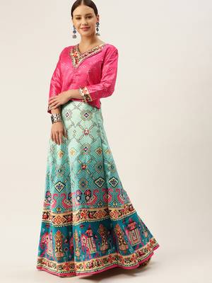 Light-blue floral print silk semi stitched lehenga 1