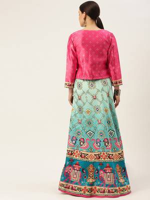 Light-blue floral print silk semi stitched lehenga 2