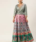 Light-grey floral print silk semi stitched lehenga