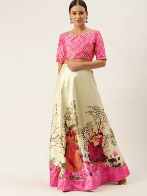 Pink floral print silk semi stitched lehenga 5