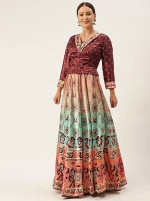 Maroon floral print silk semi stitched lehenga 5