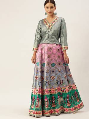 Light-grey floral print silk semi stitched lehenga 5