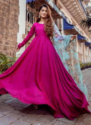 Rani Pink Rayon Designer Gown with Organza Dupatta 2