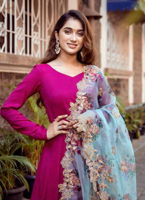 Rani Pink Rayon Designer Gown with Organza Dupatta 3