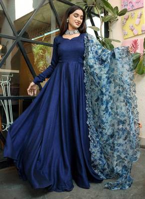 Navy Blue Rayon Designer Gown with Organza Dupatta 1