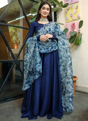 Navy Blue Rayon Designer Gown with Organza Dupatta 2