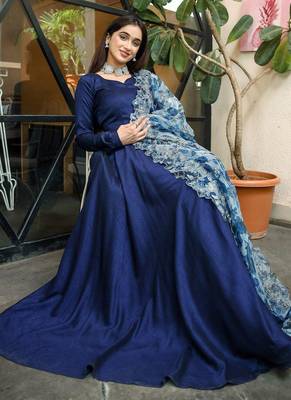 Navy Blue Rayon Designer Gown with Organza Dupatta 3