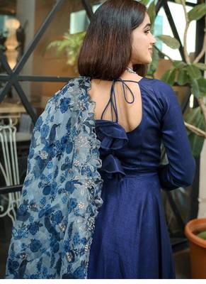 Navy Blue Rayon Designer Gown with Organza Dupatta 5