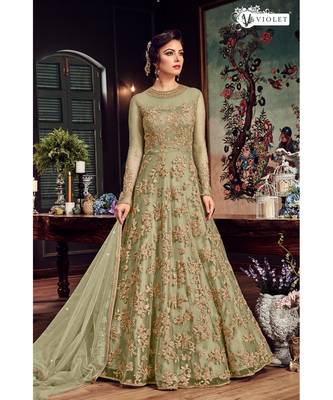 olive net semi stitched embroidered party wear gowns 1