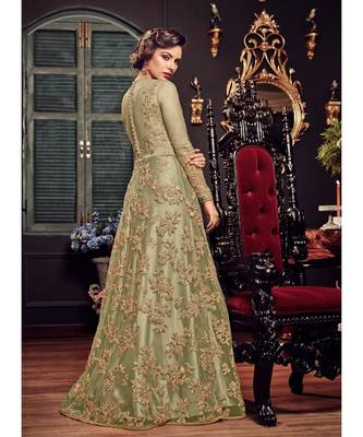 olive net semi stitched embroidered party wear gowns 2