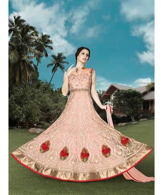 yellow net semi stitched embroidered party wear gowns 1