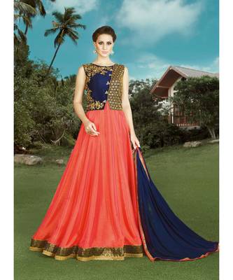 blue silk semi stitched embroidered party wear gowns 1