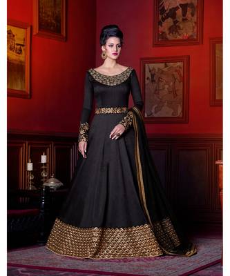 black silk semi stitched embroidered party wear gowns 1