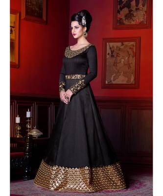 black silk semi stitched embroidered party wear gowns 4