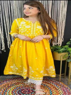 Yellow embroidered cotton chikankari-kurtis 1
