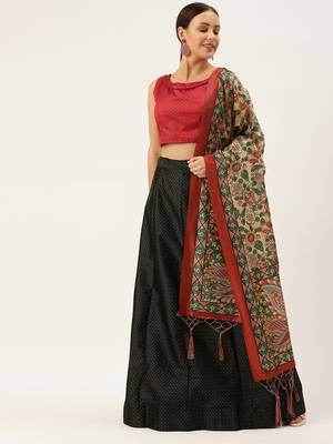 Black digital print silk semi stitched lehenga 1