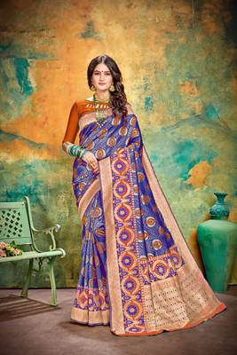 Orange blue RICH art silk saree AND HEAVY RICH PALLU WITH BLOUSE 1