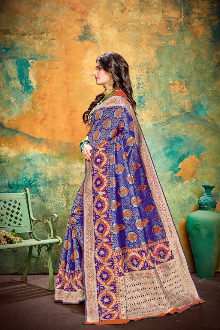 Orange blue RICH art silk saree AND HEAVY RICH PALLU WITH BLOUSE