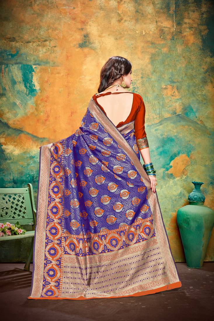 Orange blue RICH art silk saree AND HEAVY RICH PALLU WITH BLOUSE