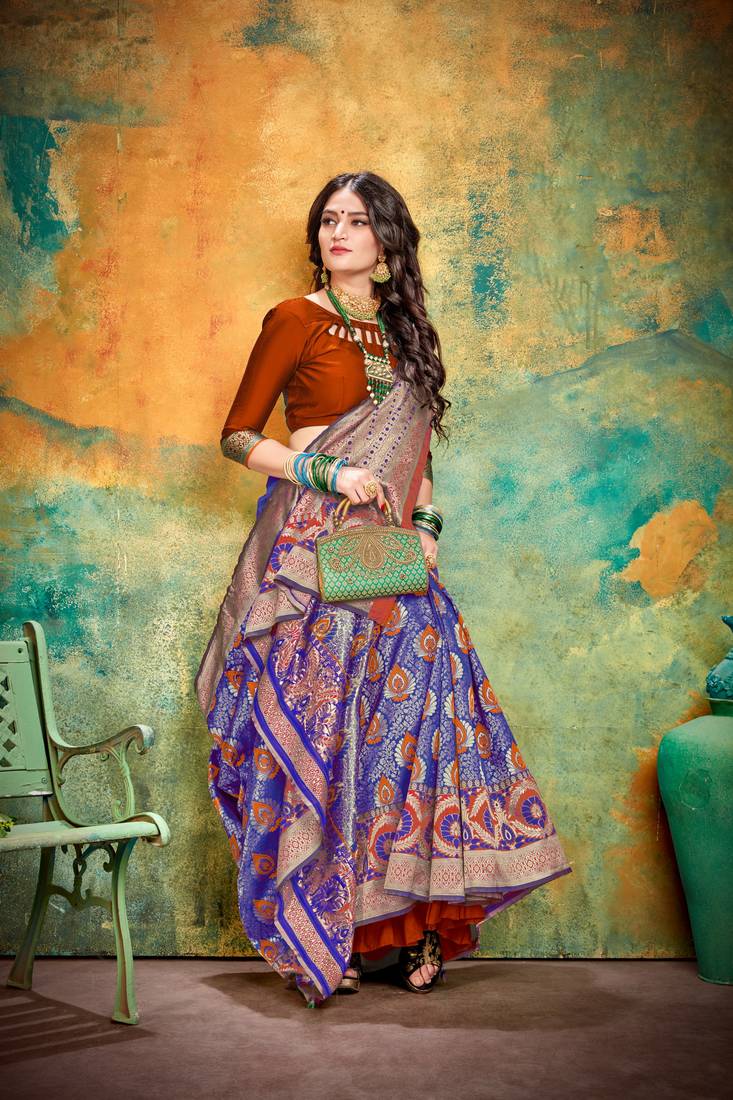 Orange blue RICH art silk saree AND HEAVY RICH PALLU WITH BLOUSE