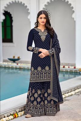 Women's Semi-Stitched Blue Faux Georgette sharara suit for wedding wear 1