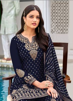 Women's Semi-Stitched Blue Faux Georgette sharara suit for wedding wear 2