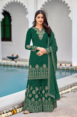 Rahi Fashion Women's Semi-Stitched Green Faux Georgette sharara suit for wedding wear 1