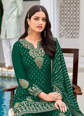Rahi Fashion Women's Semi-Stitched Green Faux Georgette sharara suit for wedding wear 2