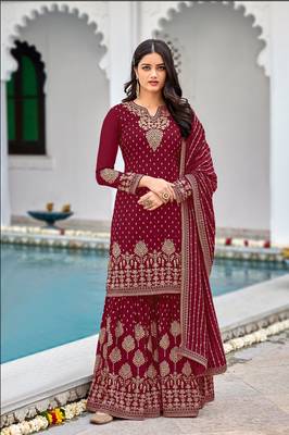 Rahi Fashion Women's Semi-Stitched Maroon Faux Georgette sharara suit for wedding wear 1