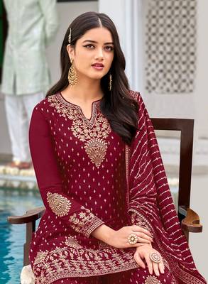 Rahi Fashion Women's Semi-Stitched Maroon Faux Georgette sharara suit for wedding wear 2
